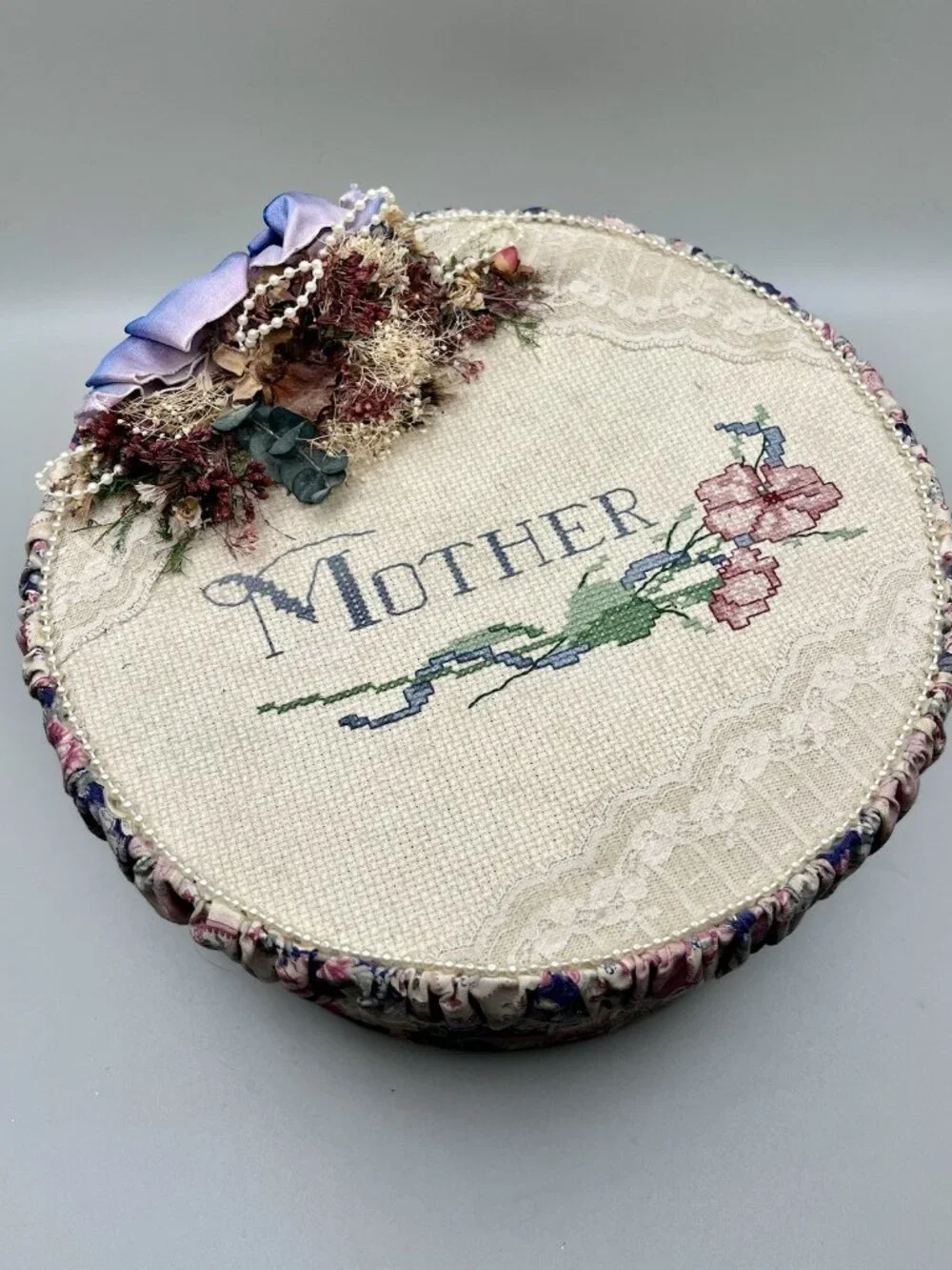VTG Cross Stitch Mother Hat Sewing Box Round Keepsake Dried Flowers Victorian